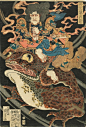 Japanese Art Print "Tenjiku Tokubei on a Giant Toad" by Kuniyoshi Utagawa, woodblock print reproduction, cultural art, warrior, legend : Print sizes are listed as approximations (see more about this item for details) ✧ Produced on archival matte