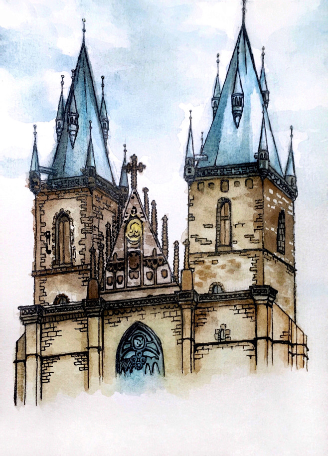 布拉格广场旁哥特风建筑水彩
