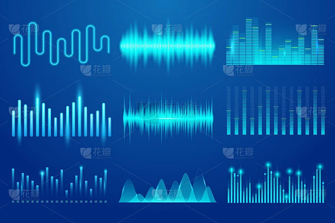 组声音乐波。音频模板技术、音乐节拍、声谱等元素。音乐声波均衡器。声波，音轨曲线和无线电声音素材-花瓣网