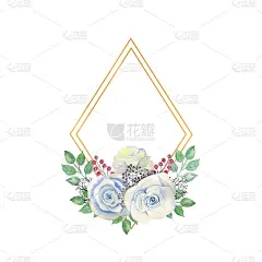 蓝色的玫瑰花，绿色的叶子，镶嵌在黄金钻石形状的框架里的浆果。花的婚礼概念。用于贺卡或请柬装饰的水彩作