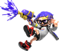A blue Inkling in humanoid form does a sweet backward jump.