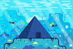 两名潜水员在水下探索古老的石头金字塔。矢量卡通插图在平坦的风格图片下载