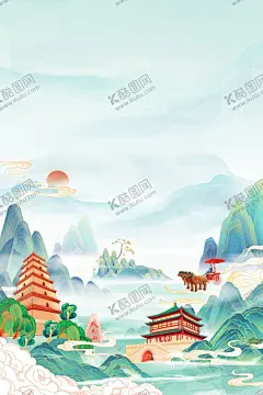 西安景点 【酷图网】西安景点,仿古,山水,国潮,大雁塔,钟楼,兵马俑,祥云,陕西