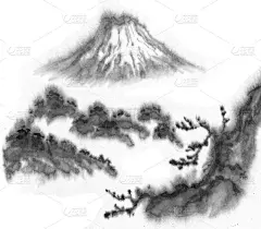 黑白图像。水墨中国山水。山在雾中。山上有树。墨水的形象。松树。山、山、峰、火山