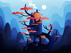 #灵感的诞生# 矢量插画总是看起来简单，上手却非常考验功底设计师Febin Raj的矢量绘图对植物的刻画还有氛围的营造都特别好哪怕是树、烟云这样常见的事物也可以玩出花来~ ​​​​