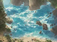 插画海滩壁纸 【酷图网】动漫,插画,海滩,岩石,海洋,氛围感,宫崎骏,大海背景墙,海景,大海高清图,海滩壁纸,蓝天,唯美