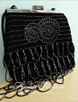 2012新款欧美时尚黑色绒面串珠图案方形流苏编绳单肩斜挎手提女包