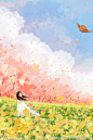   手绘樱花风景插画图片 