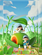 清明节3D立体可爱人物吃青团创意场景海报