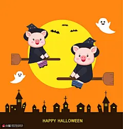 骑扫把的猪猪魔女 圆月小鬼 教堂 万圣节 2019新年插图插画设计AI ti122a11409 节日节气 春节