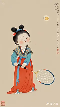 全景,水墨插画,极简主义，漂亮的唐代女士插画,女士打网球，现代人物与古风工笔画结合，画风细腻成熟，独特的风格，识别度高，人物讨喜又不失韵味，可爱的Q版唐代风俗画图，背景简洁，纯色背景。 (1)