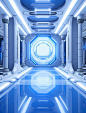 the space station with white lights and blue lights, in the style of simplicity, monochromatic color palettes, adventurecore, chad knight, mirror rooms, passage, chuah thean teng, ps1 graphics