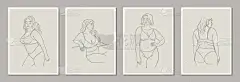 一套带有简约女性形象的海报模板。直线型女性身体。现代抽象线条艺术风格。矢量说明. 