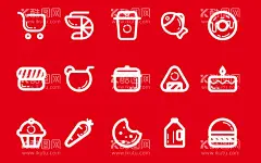 矢量食物图标  - 源文件下载【酷图网】购物车,汉堡包,热狗,炸鸡腿,纸杯蛋糕,薯条,甜甜圈,雪糕,冰淇淋,爆米花,三明治,可乐,苹果,烤串,布丁,咖啡,牛奶,巧克力,培根,煎鸡蛋,早餐,水果,创意,食物,图标,标识标牌,设计,广告设计,A,