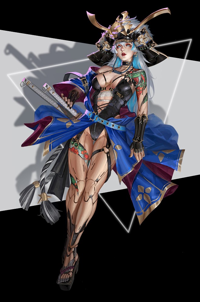 身披蓝色袍子的蛇纹身女武士