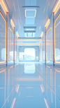 A spatial interior, no home, futuristic and technological, modern minimalist style, soft style, light blue and light amber style, C4D and OC renderer grid, ultra HD image