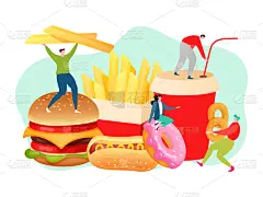 小的,绘画插图,概念,汉堡包,人,炸薯条,矢量,可乐,快餐,热狗