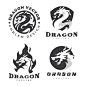 Vector dragon emblem logo set dragon head circle shield and fire or flame vector icon collection