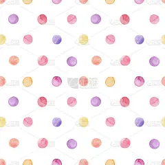 水彩无缝图案彩色水彩手画圈孤立上白。圆形斑点，黄色，红色和粉色的滴状物