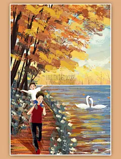 夏天夏季秋季河边父子旅游度假插画竖图