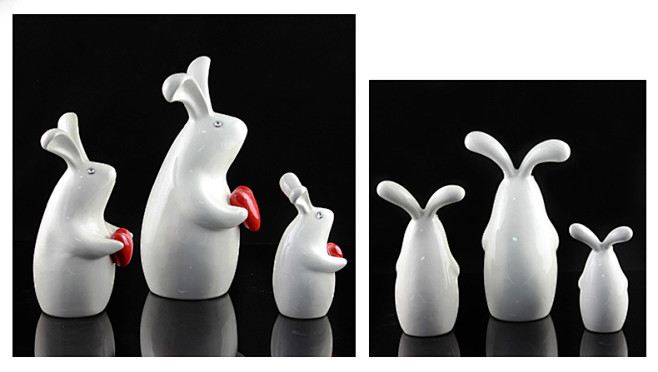 陶瓷兔子摆件一家三口创意装饰品酒柜家具电...