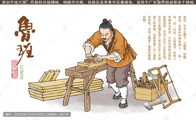 鲁班 木匠 木工 作坊 建筑 家具包装 历史故事 古代发明家 古代建筑师 历史人物 木匠鼻祖 包装设计 传统工艺 手绘插画 壁画挂画