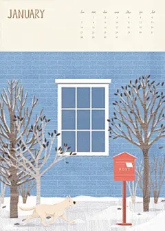 蓝墙白窗枯树 红色信箱 白雪皑皑 2019日历 人物插画PSD02