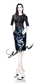 #jjseason插画# #season时尚插画# ----- 刘雯 身穿香奈儿CHANEL 深色透视毛线上衣搭配漆皮半身裙，性感完美身材出席CHANEL全新J12XS腕表发布派对。O超模刘雯@北坤人素材