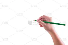 一个女人用右手拿着一支绿色的铅笔在白色的背景上写着。