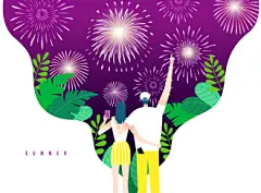 夜晚烟花夏日节日度假情侣夏季旅行插画
