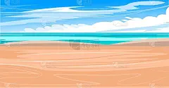 海滩在海边。上网线。海和浪，海景。地平线。平面插画风格。沙滩。向量