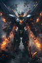 an image of a robot that is in the air with fire coming out of it