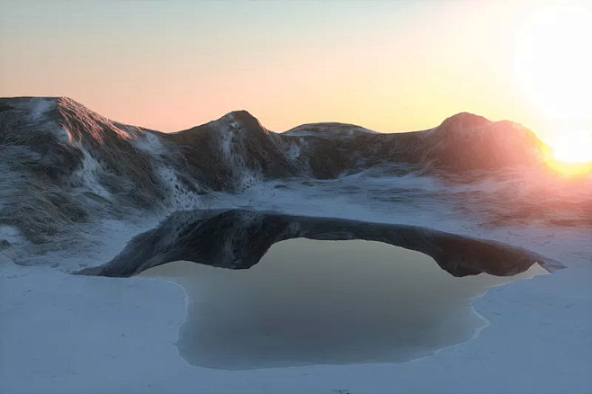 雪山与湖泊自然风光 3D渲染图片