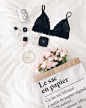 Pretty little details. Lace bra, chanel, fresh flowers and diptyque candel. #flatlay #style: 