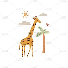 可爱的婴儿海报儿童可爱的长颈鹿卡通风格，棕榈树，太阳，云彩和鸟。手绘矢量插图。