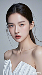 一位女孩，青春，高级感，人物肖像特写镜头，面部无遮挡，简约构图，浅色背景，简约高定礼服，高级摄影，3_4侧写镜头 (1)