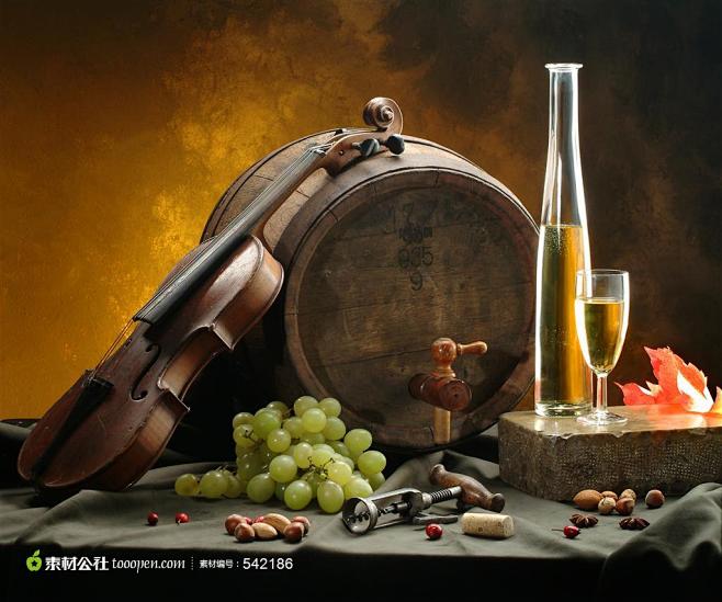 小提琴葡萄酒桶香槟酒与开瓶器高清摄影桌面...