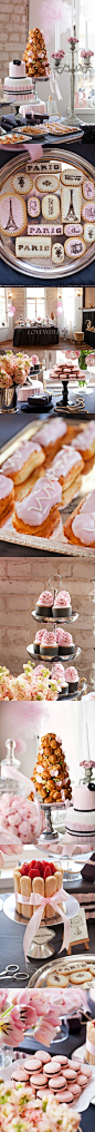 #婚礼布置#雅致的粉色巴黎主题甜品桌，各种粉色系，各种埃菲尔元素的饼干，各种cupcake，甜品控们还HOLD得住吗~~ 更多: http://www.lovewith.me/share/detail/all/30221