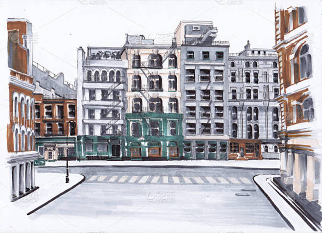 城市素描标记。纽约街道与典型大厦.