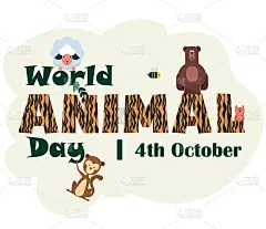 世界动物日，10月4日，以熊、羊、猴等动物为插图的海报，载体