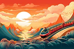 铁路铁轨国潮春运喜庆火车插画