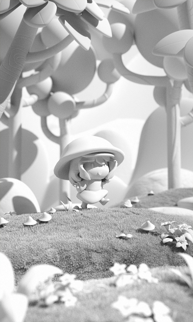 C4D 小蘑菇草坪森林场景渲染练习-白模