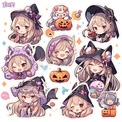 万圣节快乐/@辜鹤卿/ai底图/转关可网商/禁一切不良/万圣节贴纸女孩可爱q版哥特南瓜
