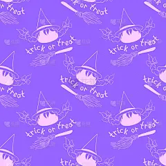 万圣节快乐-无缝模式与女巫图标，扫帚和字母。女孩的主题。纹理背景贺卡，邀请，派对海报，横幅