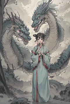 水墨古风女孩和龙插画图片