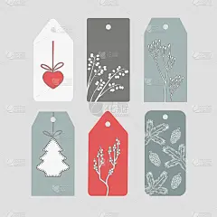 礼品标签设置为圣诞节和冬季假期线性设计元素