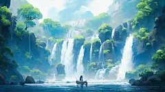 AI 山水 瀑布 国风 动漫风景 彼岸原创 4K壁纸