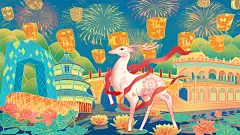 烟花麋鹿高端敦煌手绘国潮风插画