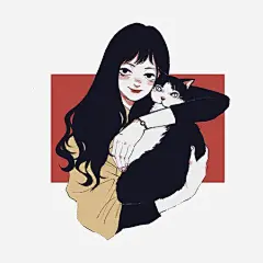 抱猫的女孩插画高清素材 女孩 小动物 温馨 猫咪 红色 黄色 黑色 免抠png 设计图片 免费下载