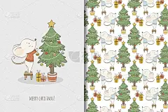 可爱的小老鼠插图。圣诞贺卡和无缝图案